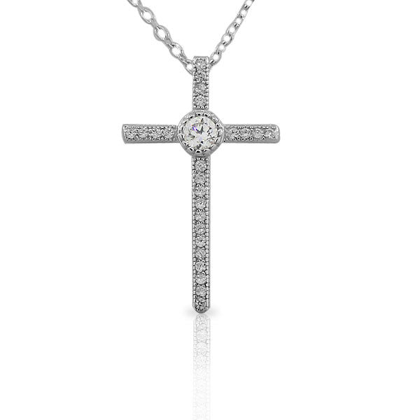 925 Sterling Silver  Womens Classic Latin Cross  CZ Religious Pendant Necklace