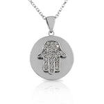 925 Sterling Silver White CZ Round Circle Hamsa Evil Eye Womens Pendant Necklace