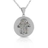 925 Sterling Silver White CZ Round Circle Hamsa Evil Eye Womens Pendant Necklace