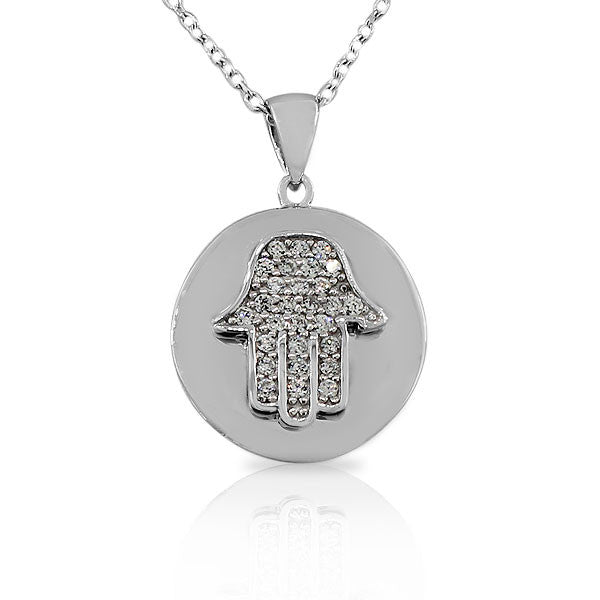 925 Sterling Silver White CZ Round Circle Hamsa Evil Eye Womens Pendant Necklace