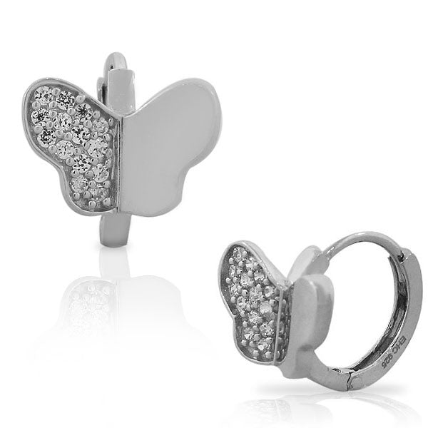 925 Sterling Silver White CZ Butterfly Hoop Huggie Womens Girls Small Earrings
