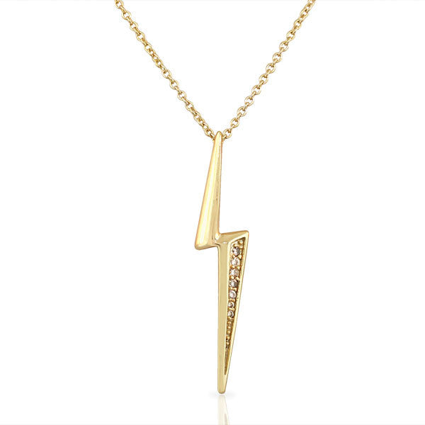 925 Sterling Silver Yellow Gold-Tone White CZ Lightning Zigzag Pendant Necklace