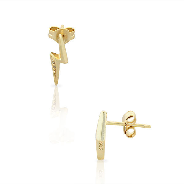 925 Sterling Silver Yellow Gold-Tone Lightning Zigzag White CZ Small Stud Earrings