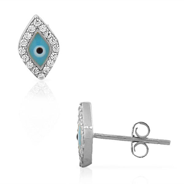 925 Sterling Silver Diamond-Shaped White CZ Evil Eye Hamsa Small Womens Girls Stud Earrings