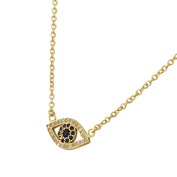 Gold Blue CZ Evil Eye Necklace Sterling Silver