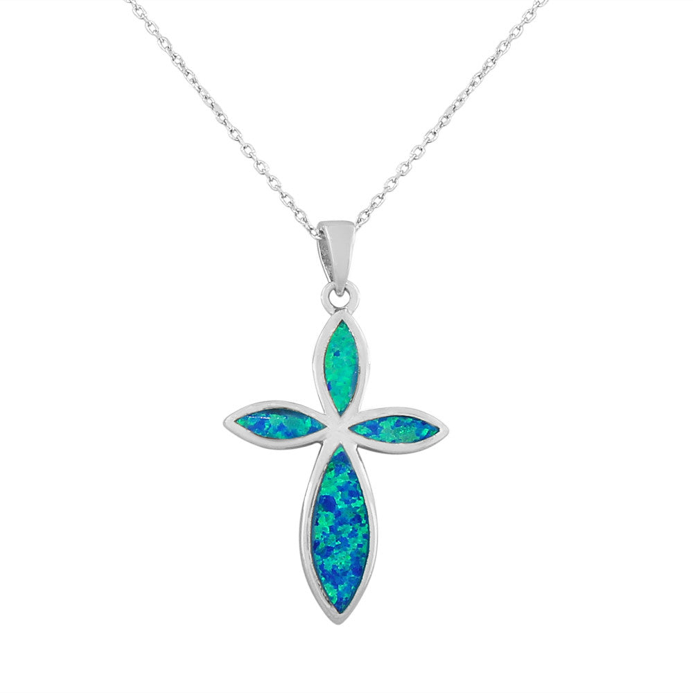 925 Sterling Silver  Womens Religious Cross Blue Turquoise-Tone Simulated Opal Pendant Necklace