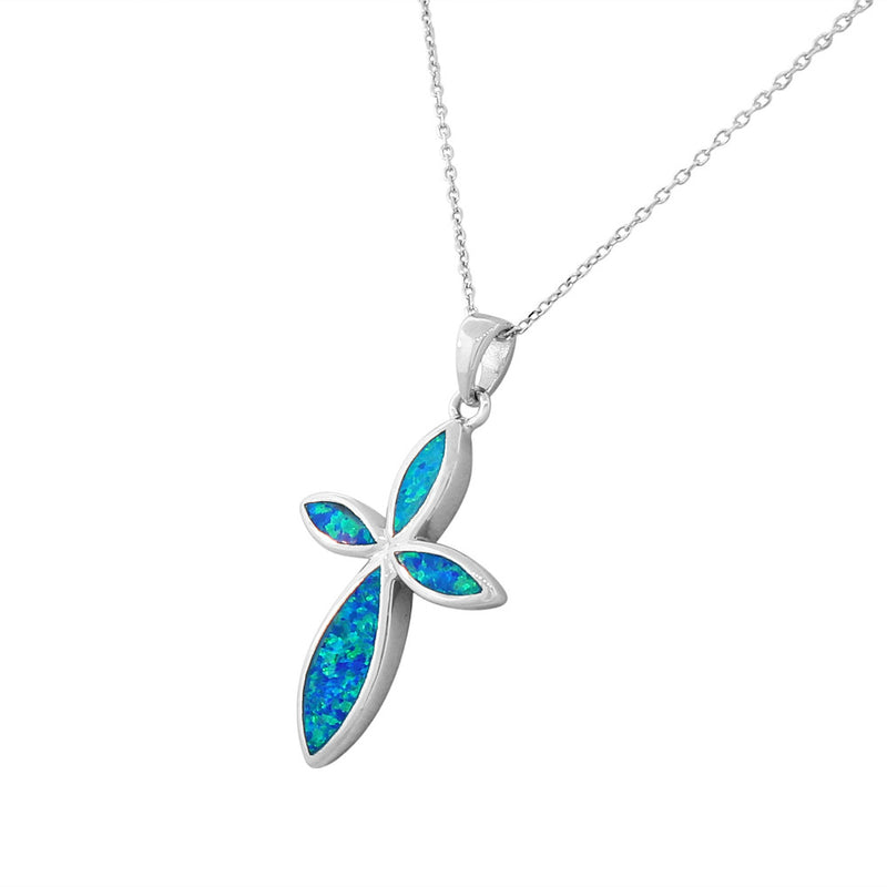 925 Sterling Silver Opal Cross Pendant Necklace