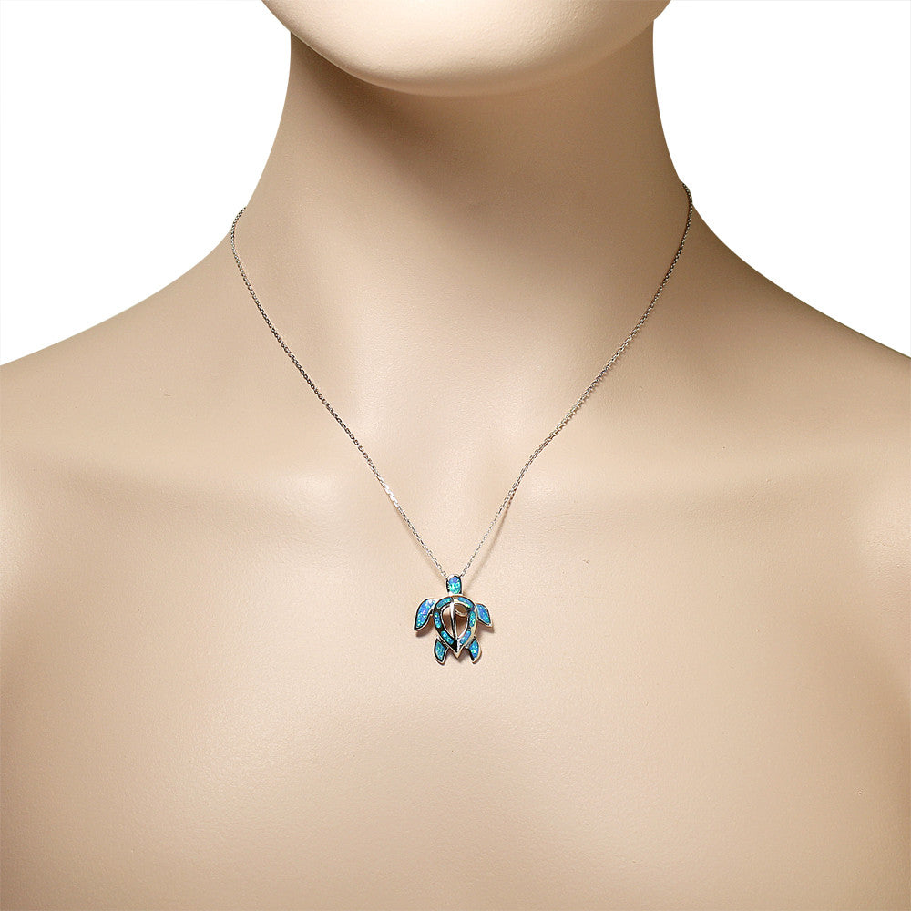 925 Sterling Silver Womens Sea Turtle Marine Opal Pendant Necklace