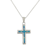 925 Sterling Silver  Womens Religious Cross Blue Turquoise-Tone Simulated Opal Pendant Necklace