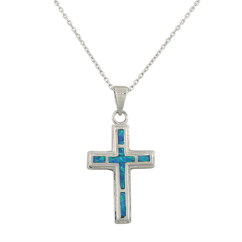 925 Sterling Silver  Womens Religious Cross Blue Turquoise-Tone Simulated Opal Pendant Necklace