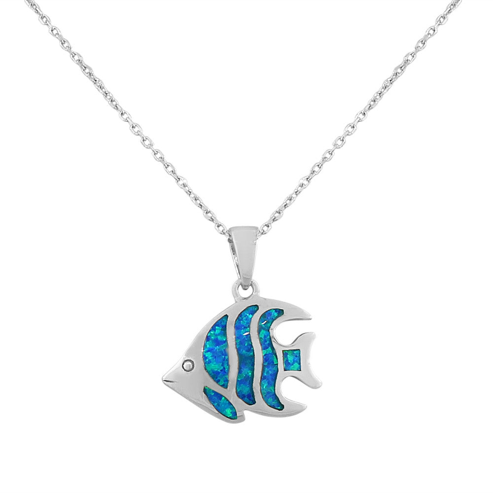925 Sterling Silver  Womens Blue Turquoise-Tone Fish Marine Simulated Opal Pendant Necklace