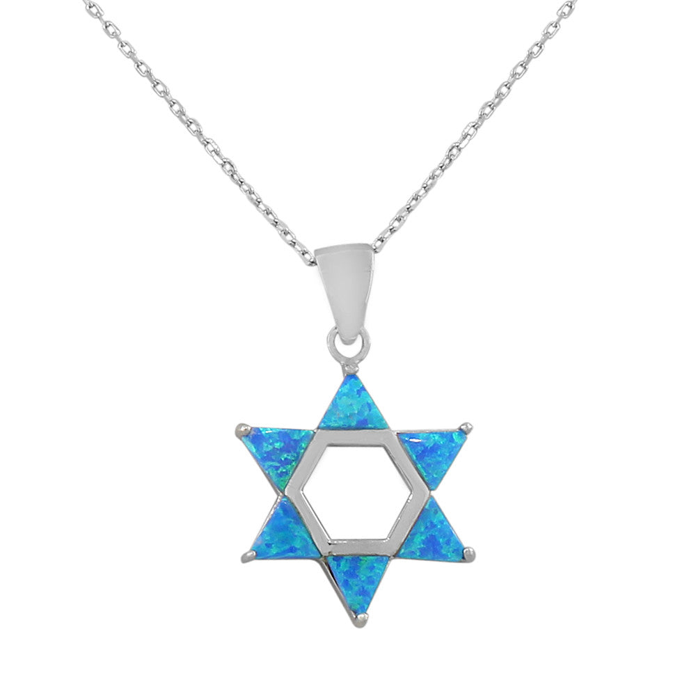925 Sterling Silver Jewish Star of David Blue Turquoise-Tone Simulated Opal Pendant Necklace