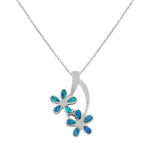 925 Sterling Silver Flowers Floral Blue Turquoise-Tone Simulated Opal Pendant Necklace