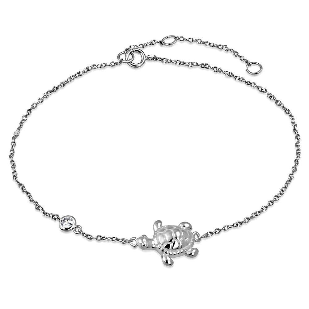 925 Sterling Silver CZ Turtle Womens Link Chain Anklet