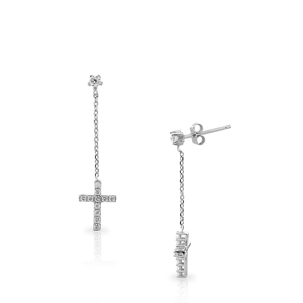 925 Sterling Silver White CZ Religious Latin Cross Dangle Drop Womens Earrings 