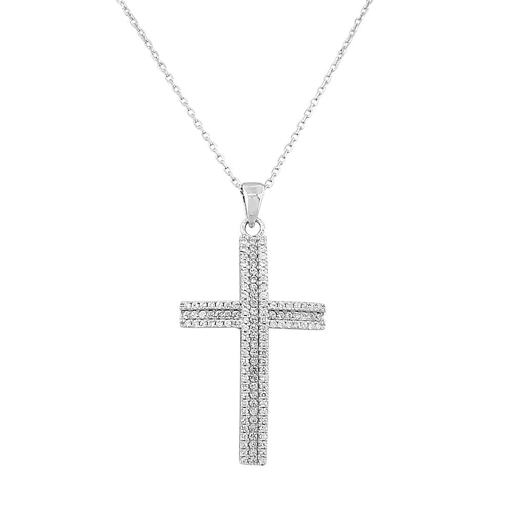 925 Sterling Silver Womens White CZ Curved Cross Religious Pendant Necklace
