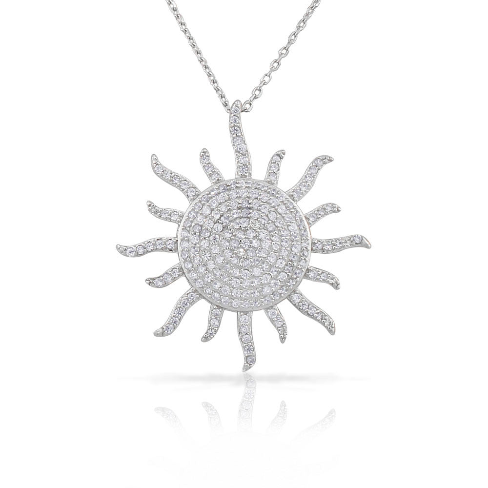 925 Sterling Silver White CZ Womens Statement Sun Pendant Necklace