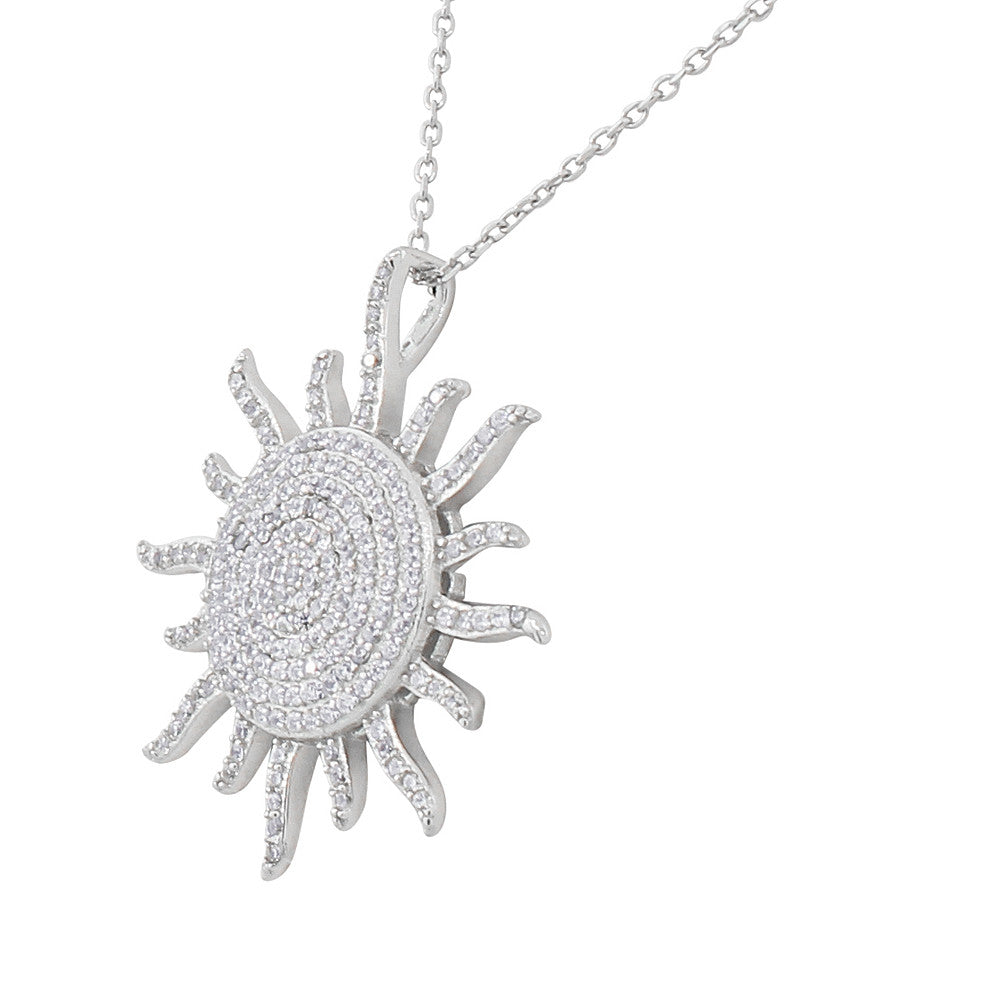 Sterling Silver White Clear CZ Sun Pendant Necklace