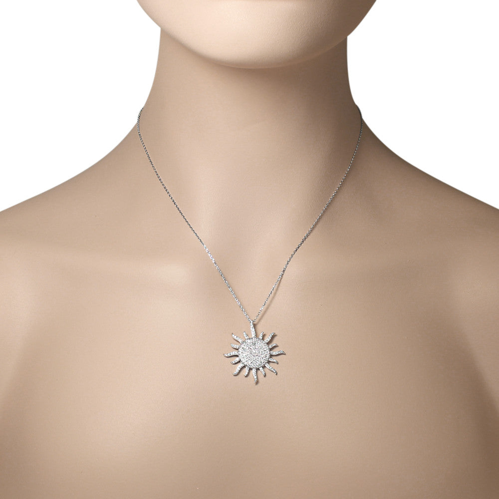Sterling Silver White Clear CZ Sun Pendant Necklace