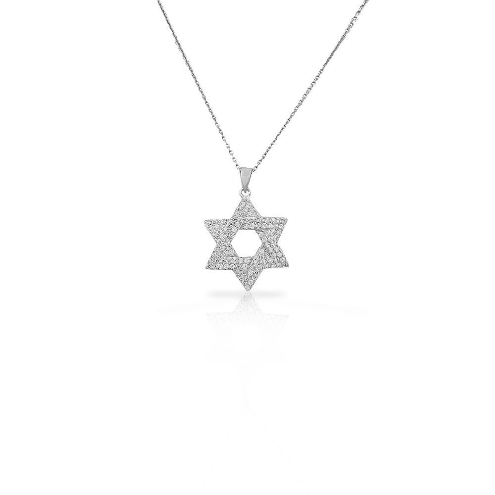 925 Sterling Silver Jewish Star of David White CZ Statement Pendant Necklace