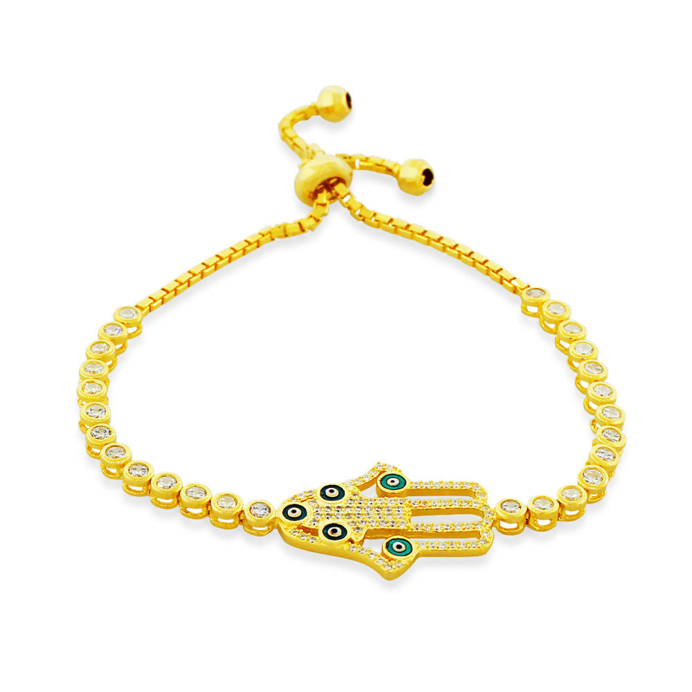 925 Sterling Silver Yellow Gold-Tone White CZ Hamsa Evil Eye Womens Link Chain Bracelet