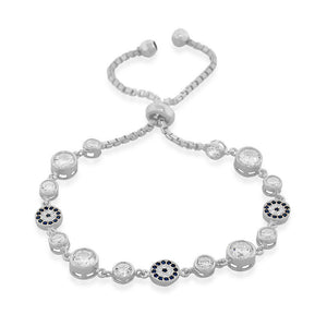 925 Sterling Silver White Bezel-Set CZ Evil Eye Womens Link Chain Bracelet