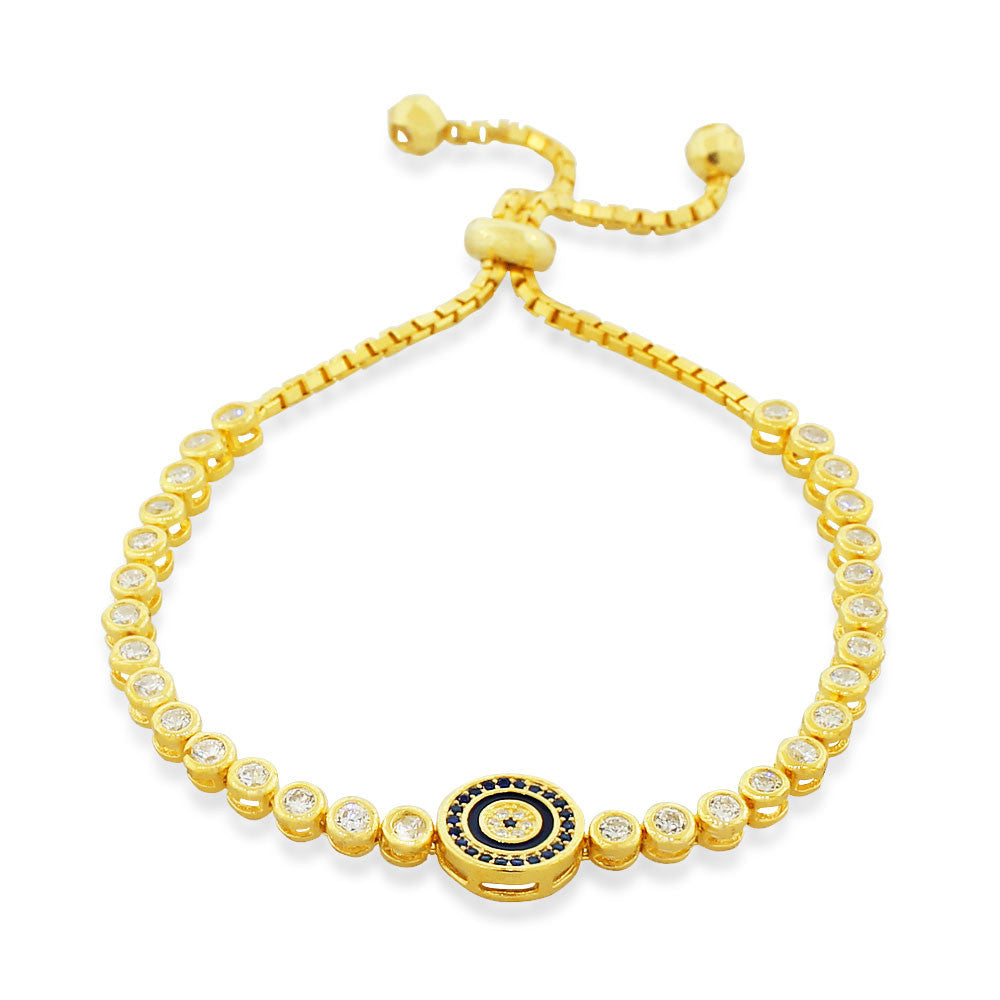 925 Sterling Silver Yellow Gold-Tone White Bezel-Set CZ Evil Eye Womens Link Chain Bracelet