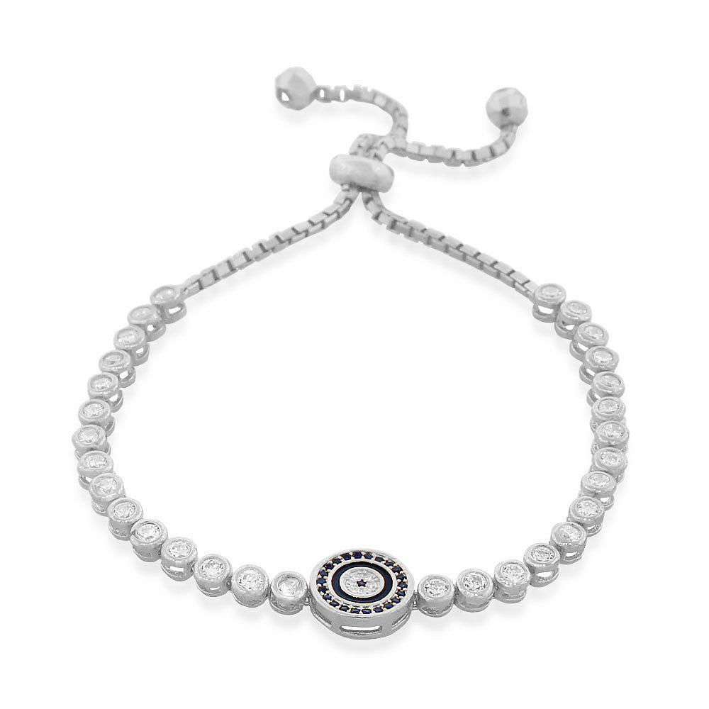 925 Sterling Silver White Bezel-Set CZ Evil Eye Womens Link Chain Bracelet