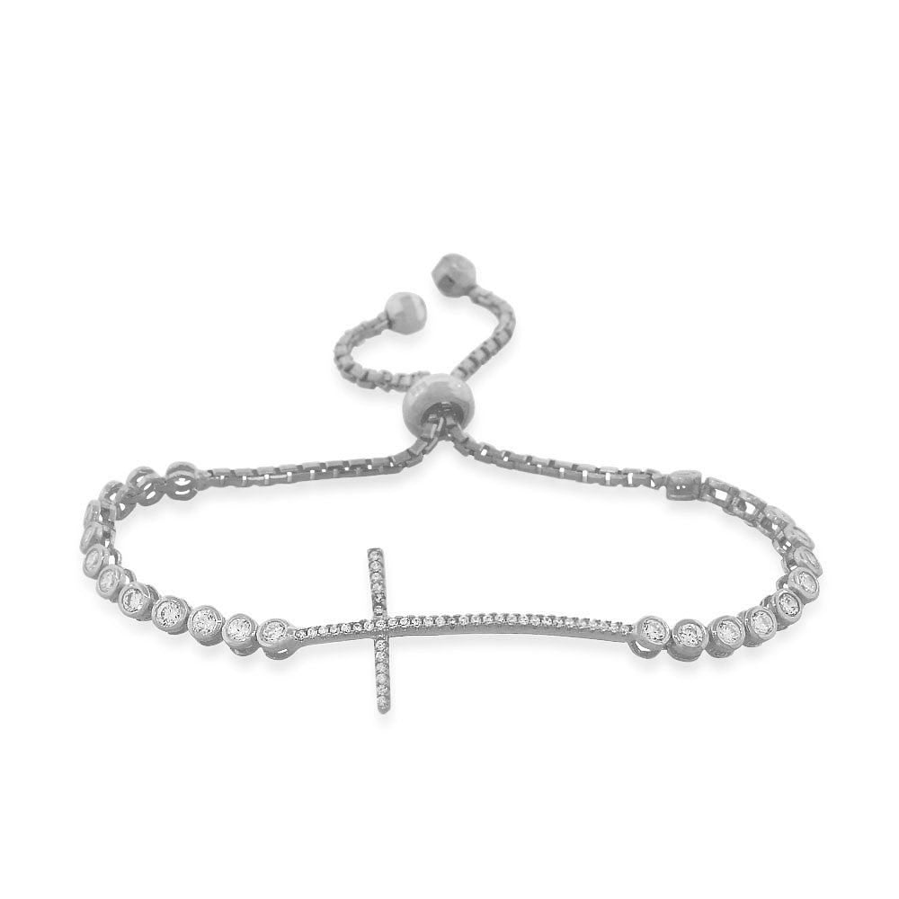 925 Sterling Silver White CZ  Religious Latin Cross Womens Link Chain Bracelet