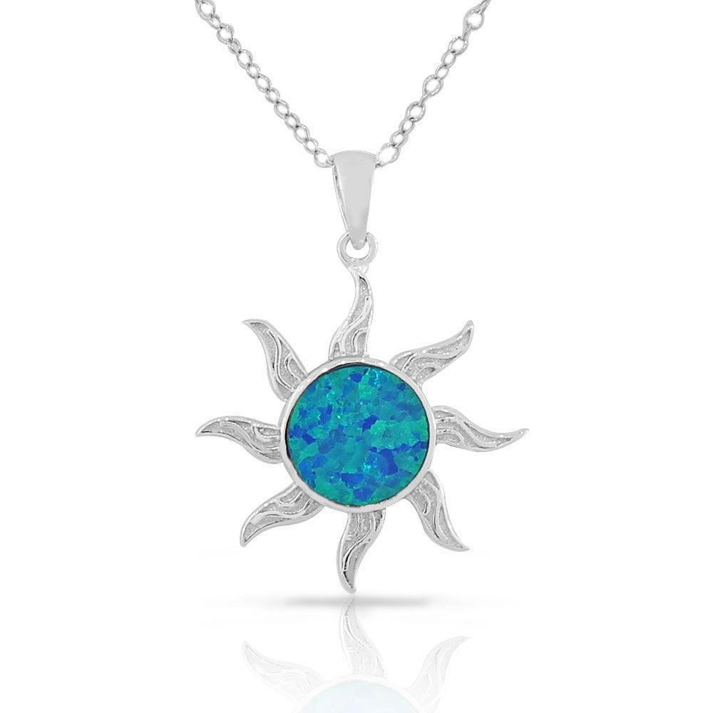 925 Sterling Silver Womens Blue Turquoise-Tone Sun Simulated Opal Pendant Necklace
