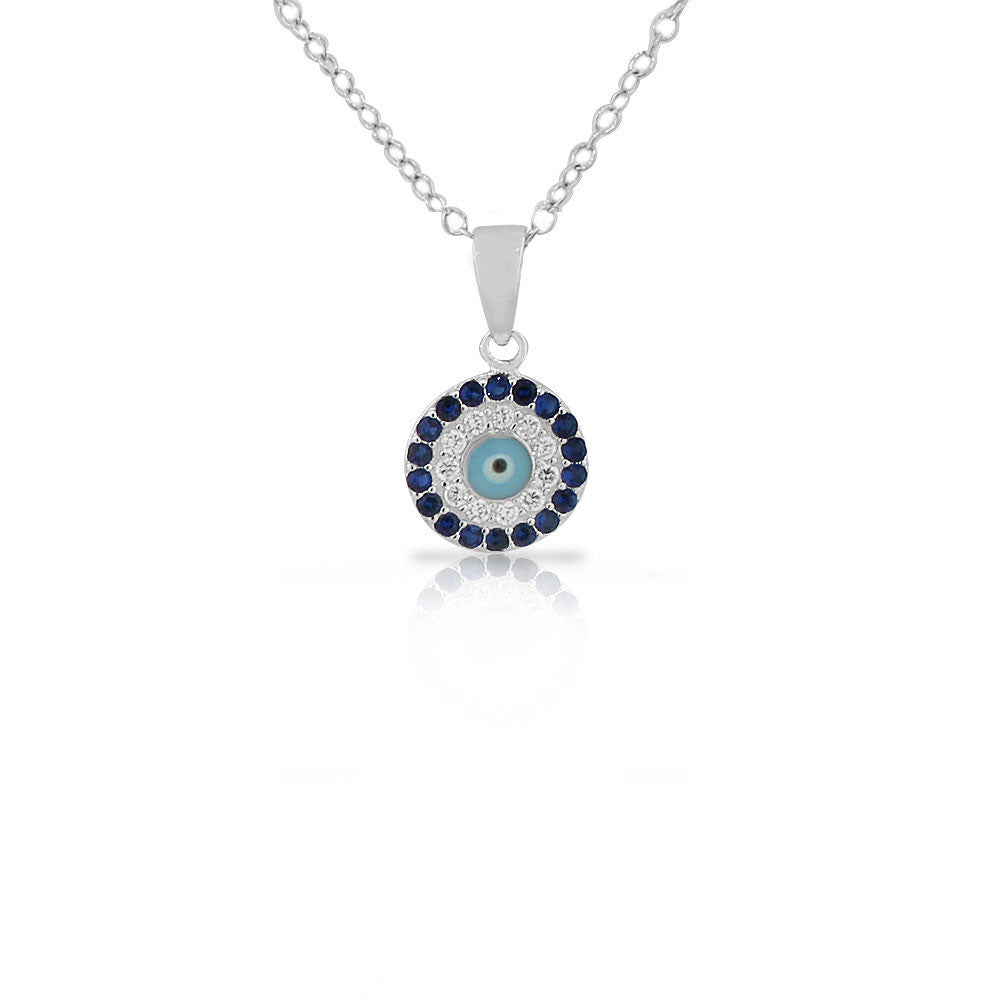 925 Sterling Silver White Blue CZ Womens Evil Eye Hamsa Round Pendant Necklace