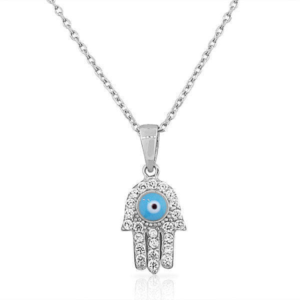 925 Sterling Silver Womens Evil Eye Hamsa White CZ Pendant Necklace