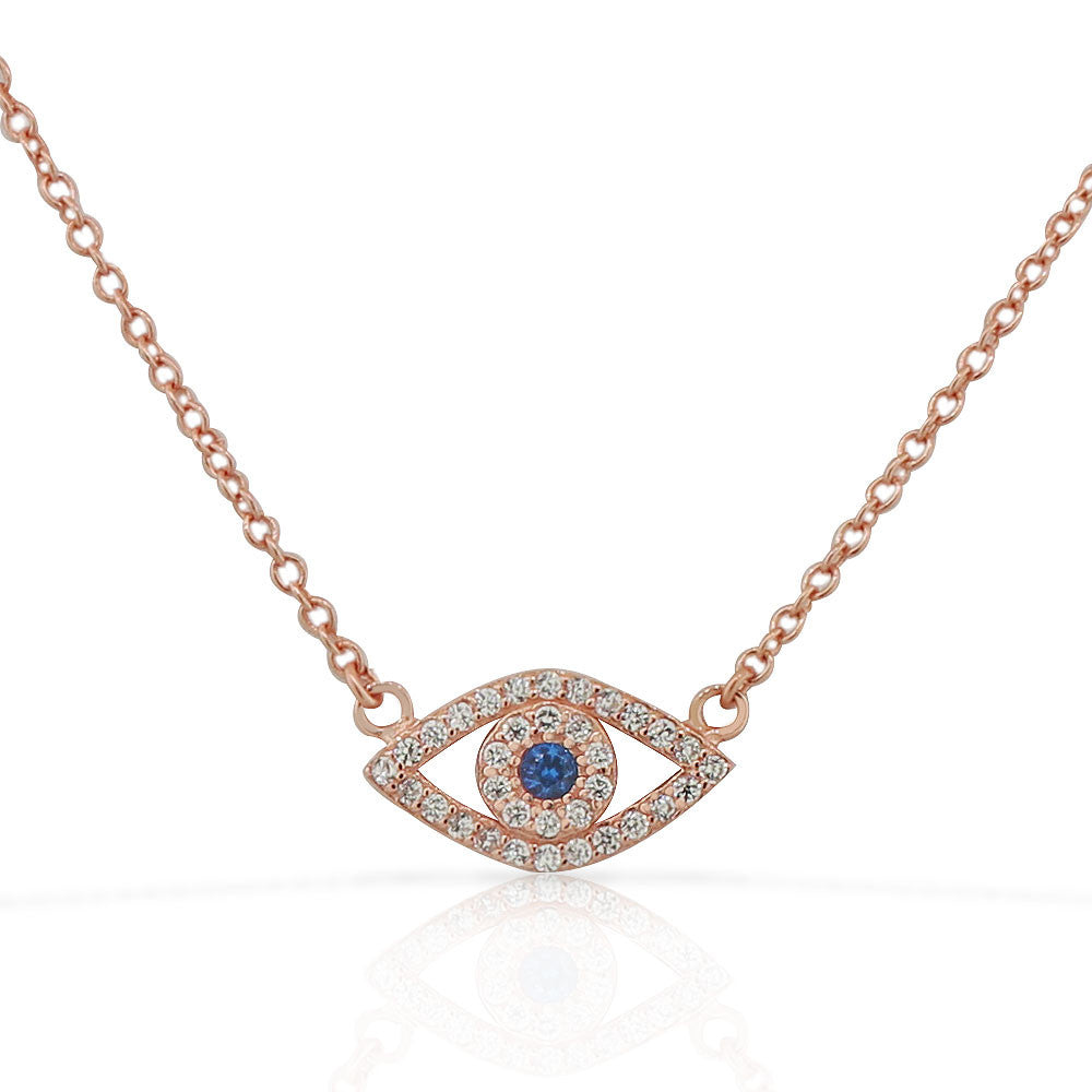 925 Sterling Silver Rose Gold-Tone Evil Eye White Blue CZ Pendant Necklace
