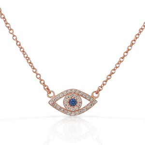 925 Sterling Silver Rose Gold-Tone Evil Eye White Blue CZ Pendant Necklace