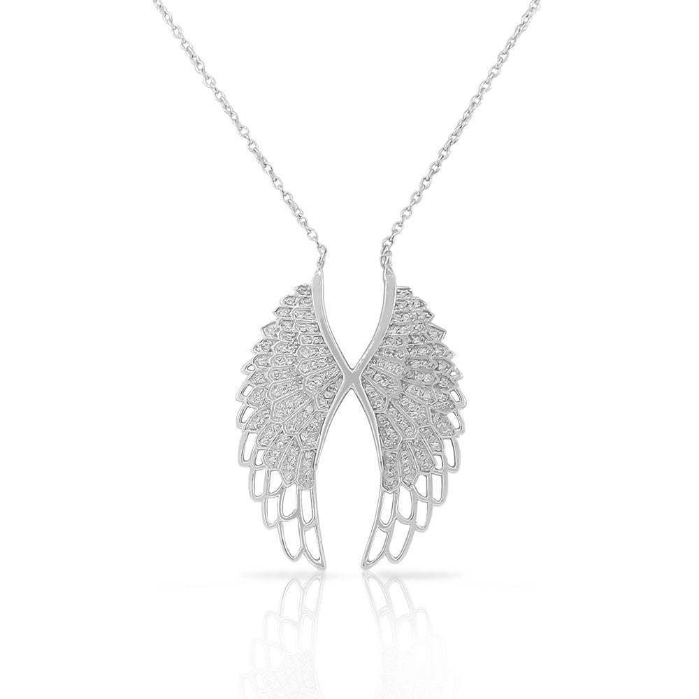 925 Sterling Silver White CZ Womens Large Angel Wings Pendant Necklace