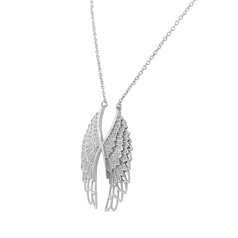 925 Sterling Silver White CZ Womens Large Angel Wings Pendant Necklace