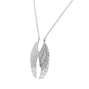 925 Sterling Silver White CZ Womens Large Angel Wings Pendant Necklace