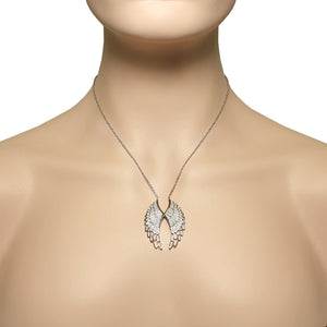 925 Sterling Silver White CZ Womens Large Angel Wings Pendant Necklace