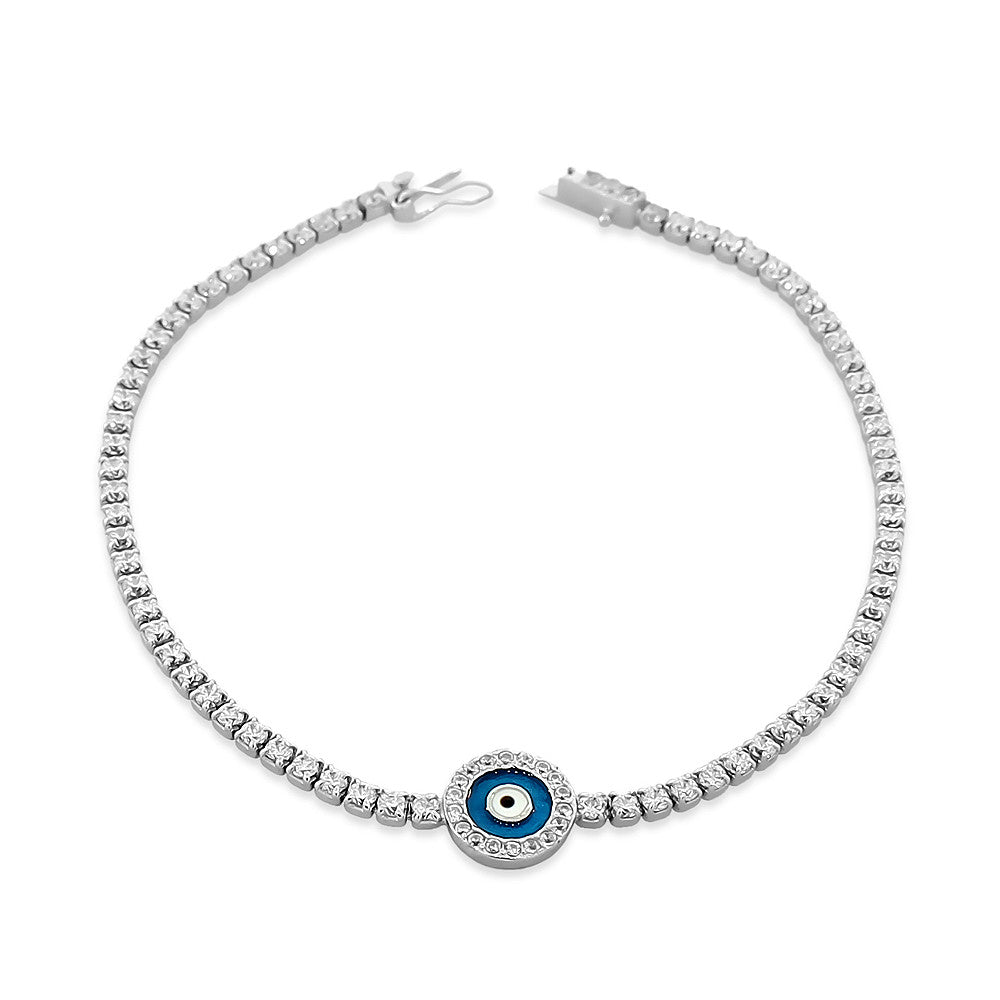 925 Sterling Silver White CZ Blue Round Evil Eye Protection Womens Tennis Bracelet