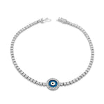 925 Sterling Silver White CZ Blue Round Evil Eye Protection Womens Tennis Bracelet