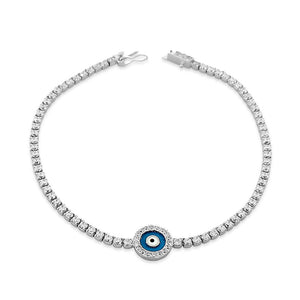 925 Sterling Silver White CZ Blue Round Evil Eye Protection Womens Tennis Bracelet