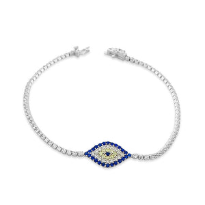 925 Sterling Silver White Yellow Blue CZ Evil Eye Protection Womens Tennis Bracelet