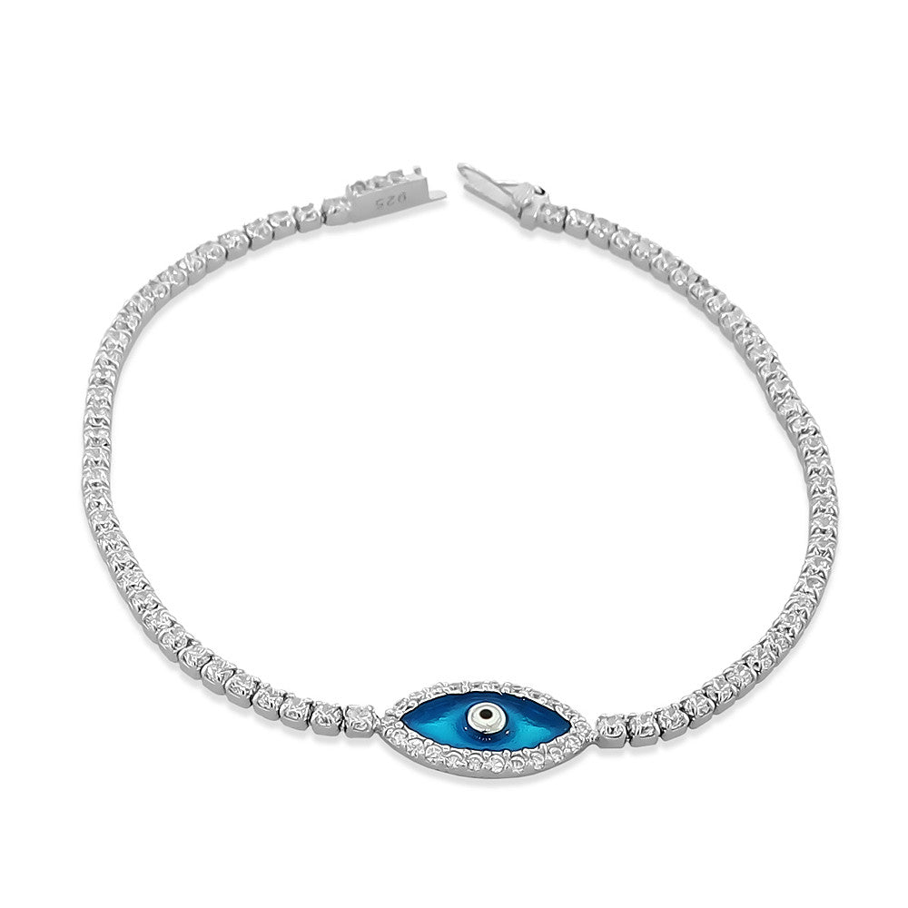 925 Sterling Silver White CZ Blue Evil Eye Protection Womens Tennis Bracelet