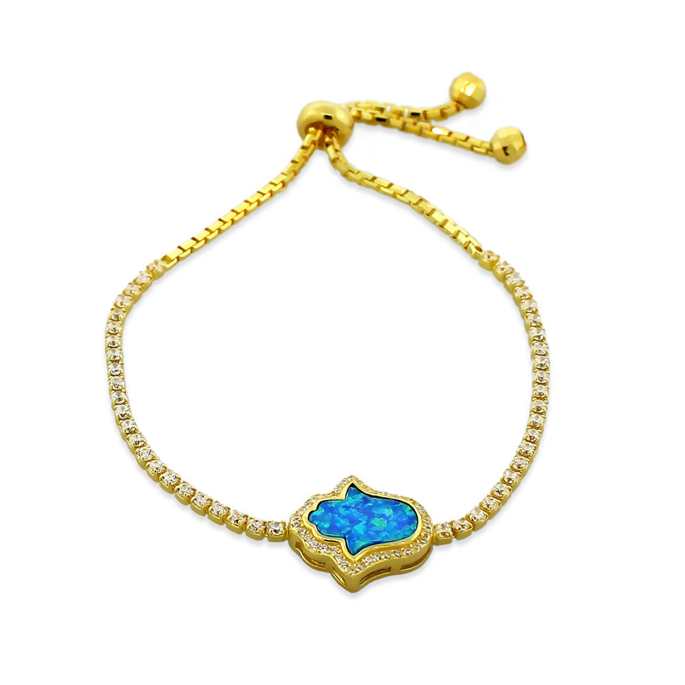 925 Sterling Silver Yellow Gold-Tone CZ Blue Turquoise-Tone Simulated Opal Hamsa Adjustable Bracelet