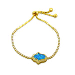 925 Sterling Silver Yellow Gold-Tone CZ Blue Turquoise-Tone Simulated Opal Hamsa Adjustable Bracelet