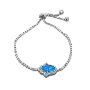 925 Sterling Silver CZ Blue Turquoise-Tone Simulated Opal Hamsa Adjustable Bracelet