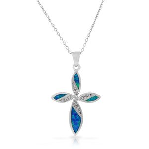 925 Sterling Silver Religious Cross Blue Turquoise-Tone Simulated Opal CZ Pendant Necklace
