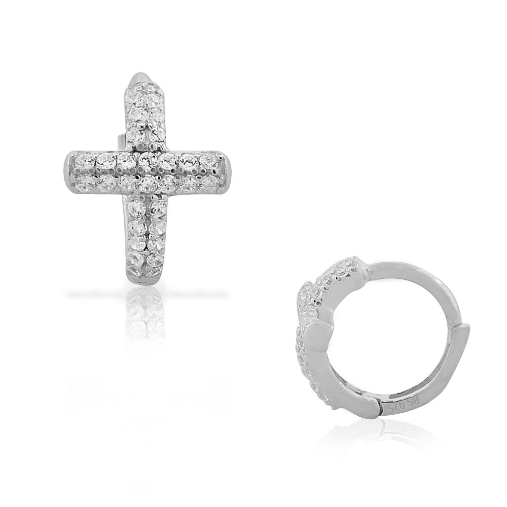 925 Sterling Silver White CZ Religious Cross Hoop Huggie Small Earrings