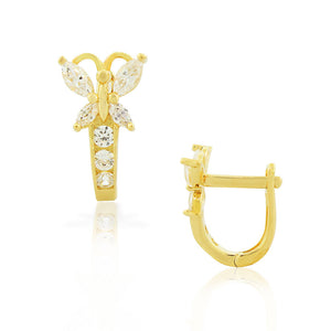 925 Sterling Silver Yellow Gold-Tone White Clear CZ Butterfly Hoop Huggie Small Earrings