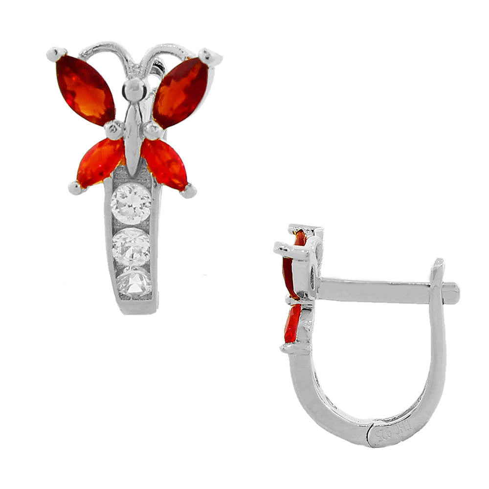 925 Sterling Silver White Red Ruby-Tone CZ Butterfly Hoop Huggie Small Earrings